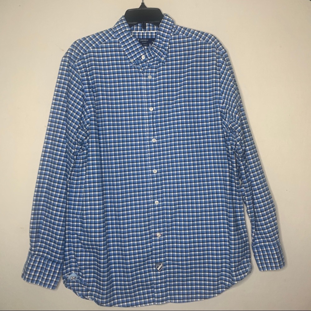 Blue, white, and black long sleeve button down
